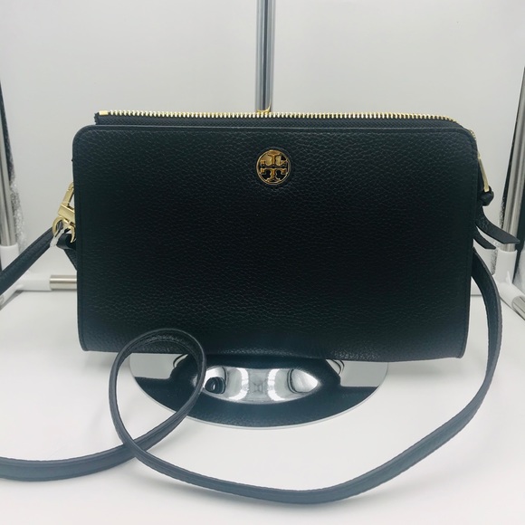 NWT Tory Burch Brody Pebbled Leather Wallet Crossbody Bag in Black// Gold
